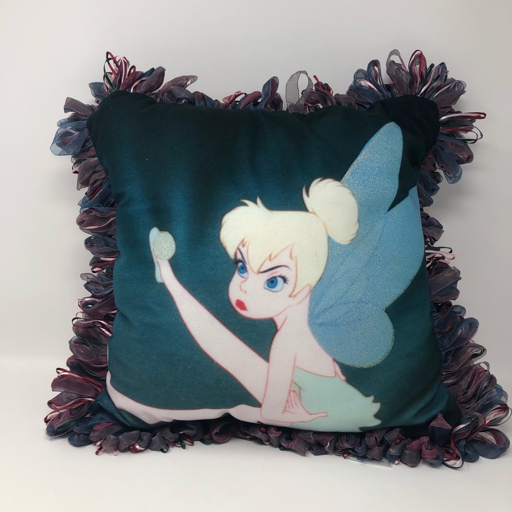 Disney Shopping Tinker Bell Throw Pillow Green Pink Mad Face Ribbon Fringe